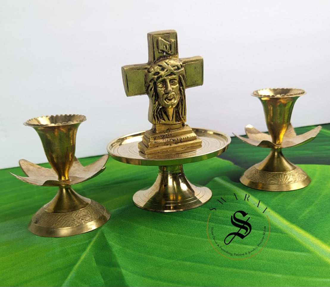 Pure Brass Jesus Christ idol  on pedestal with candle Holders. ( Set of 4 )