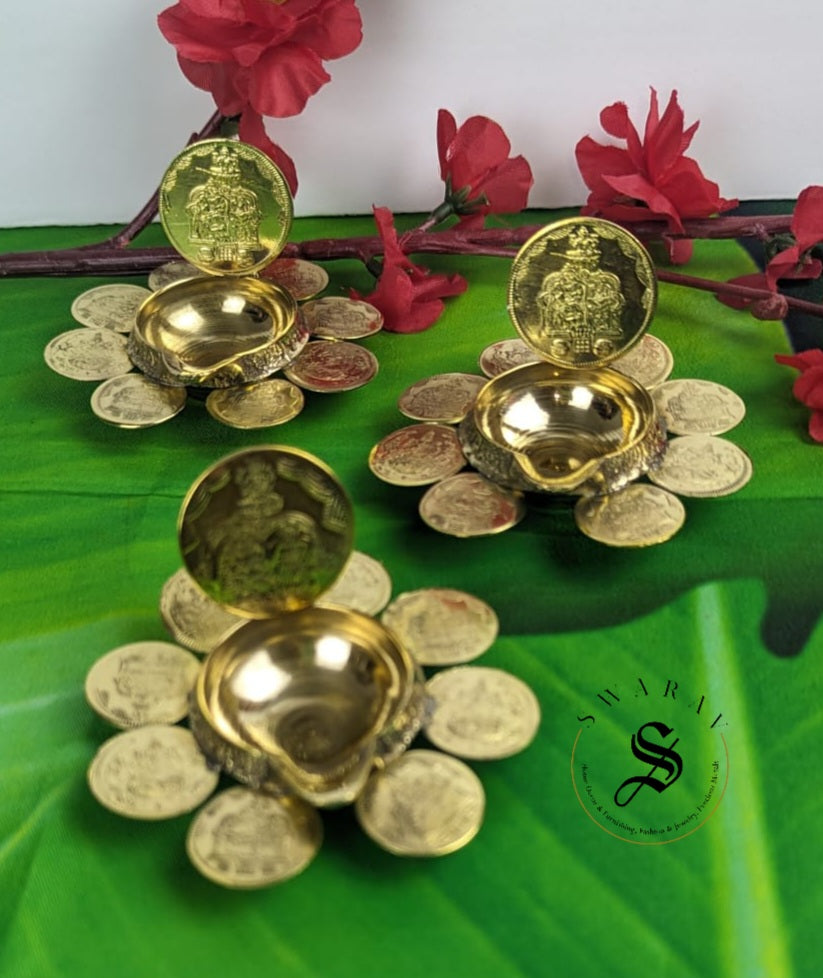 Pure Brass Goddesses Lakshmi kasu or coin Deepam/Diya/ Deepak / Oil lamp - Pack of 3.