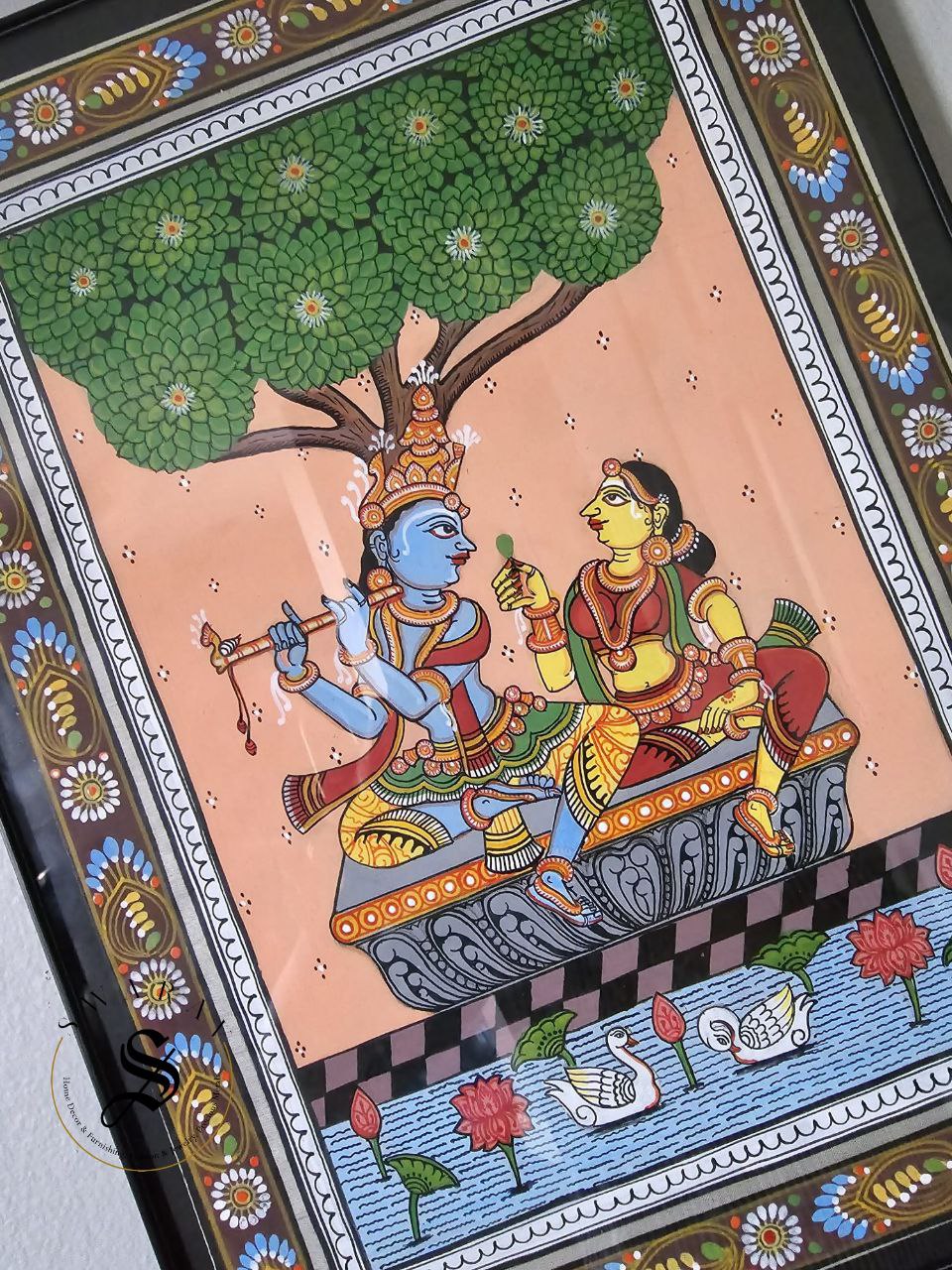 Handmade Pattachitra painting of Radha Krishna on Silk canvas. Size 8 by 12 inch.