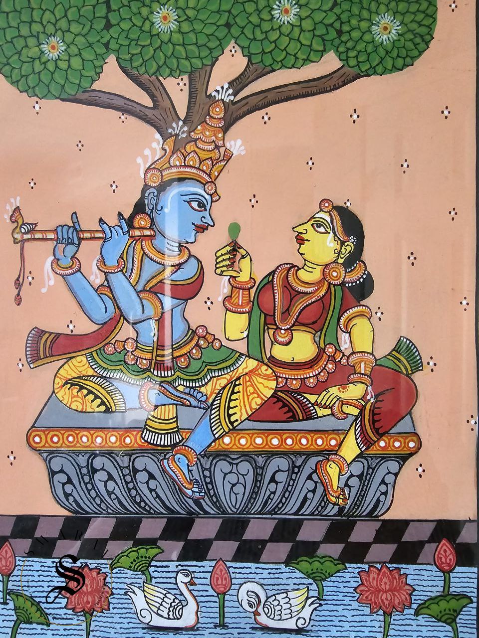 Handmade Pattachitra painting of Radha Krishna on Silk canvas. Size 8 by 12 inch.