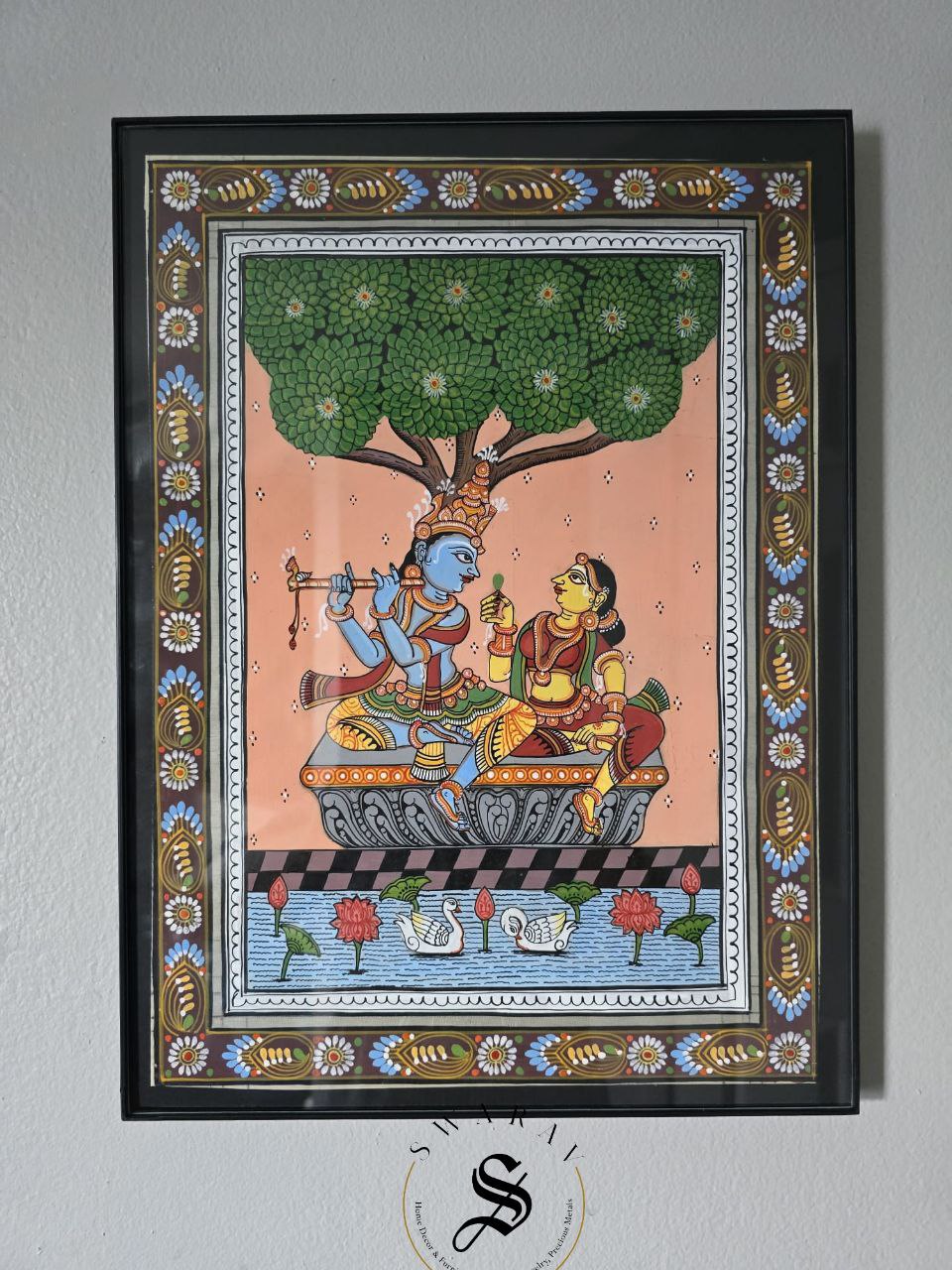 Handmade Pattachitra painting of Radha Krishna on Silk canvas. Size 8 by 12 inch.