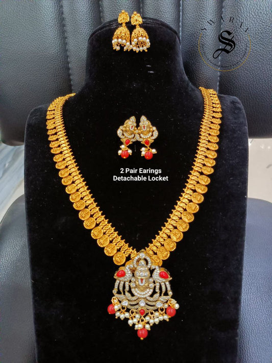 Lakshmi coin/kasu long haar with detachable Balaji pendant and 2 pairs of earrings. 2+ color options inside.