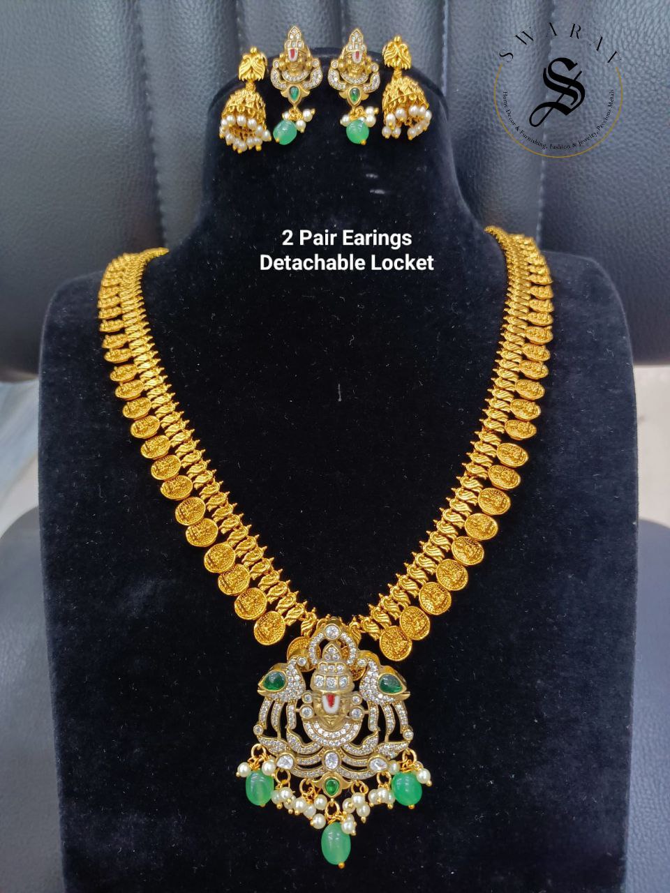 Lakshmi coin/kasu long haar with detachable Balaji pendant and 2 pairs of earrings. 2+ color options inside.