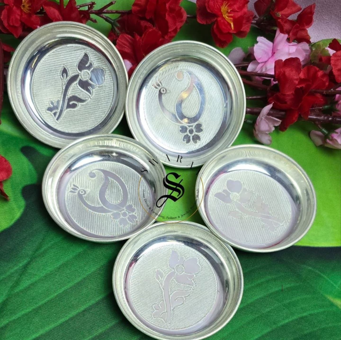 Set of 5 - German Silver floral engraved mini plates.