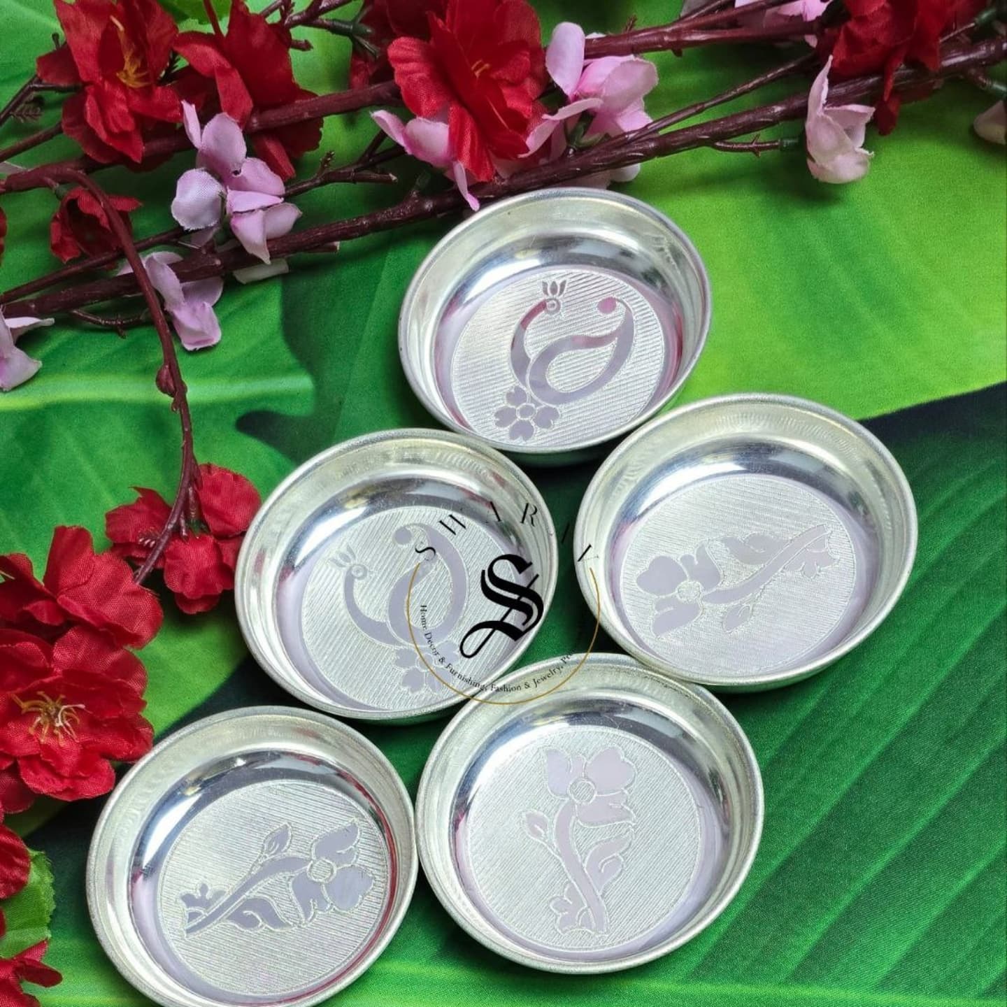 Set of 5 - German Silver floral engraved mini plates.