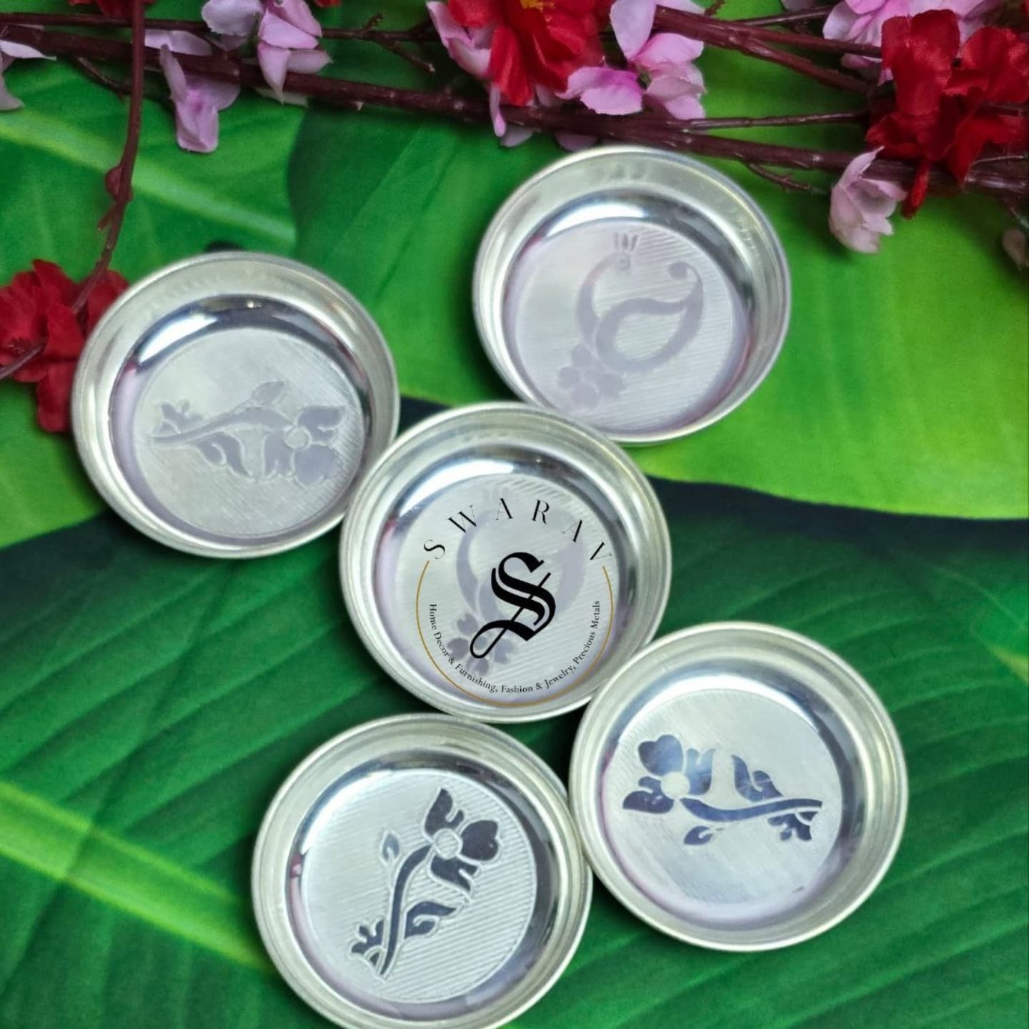 Set of 5 - German Silver floral engraved mini plates.