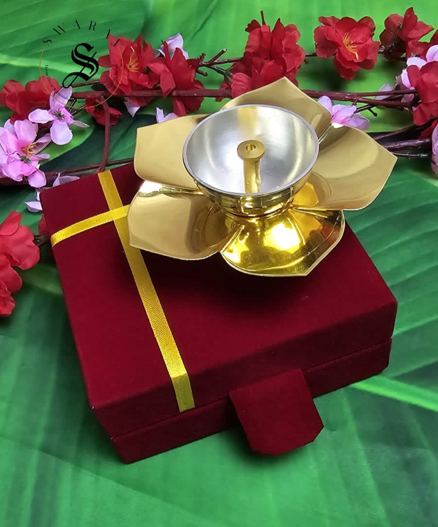 Pure Brass Lotus Diya in Two-tone finish.