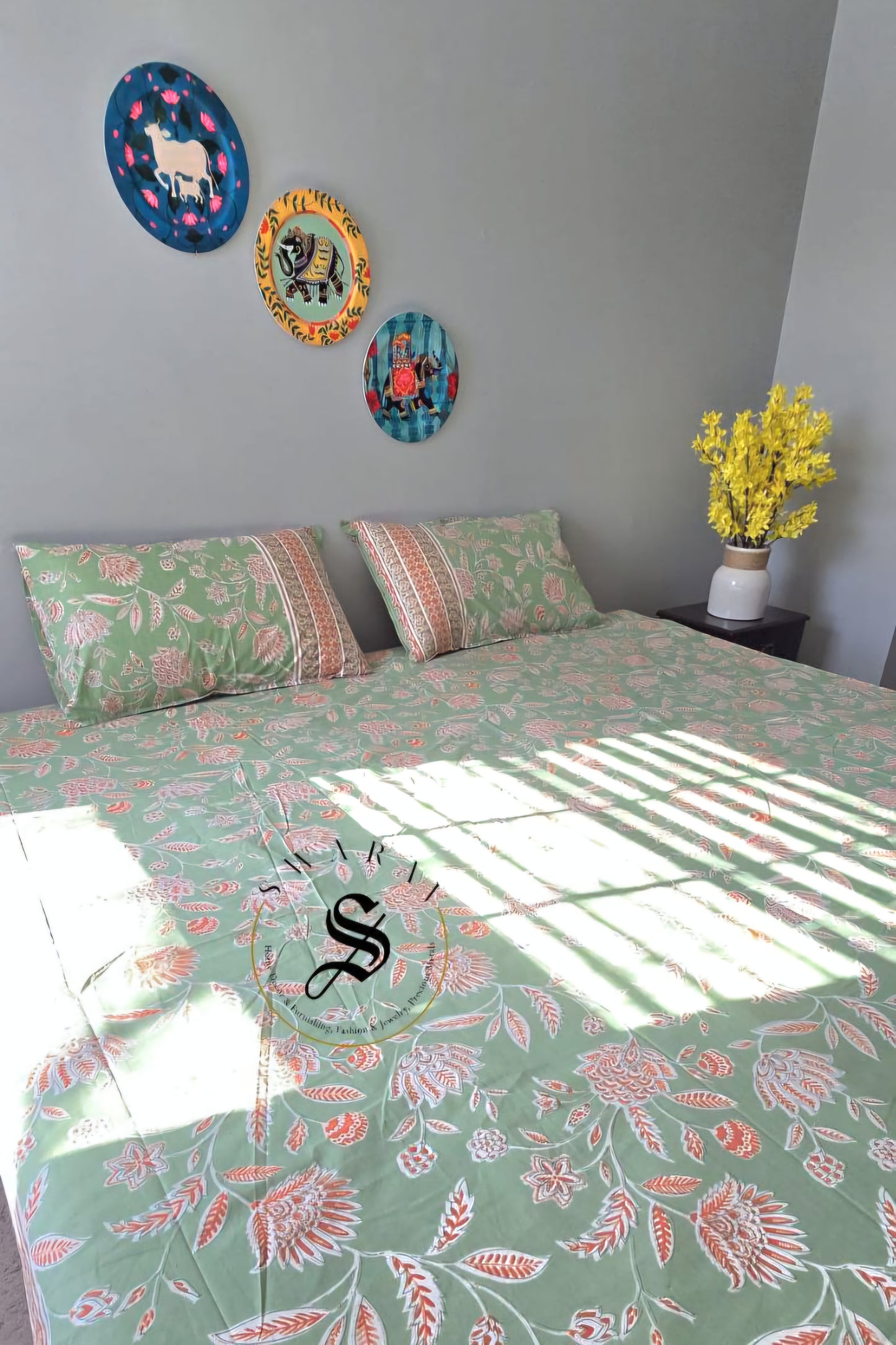 South Cotton thick fabric Jumbo King Size Bedsheet Set - 108 by 108 inch. Mint green floral print.