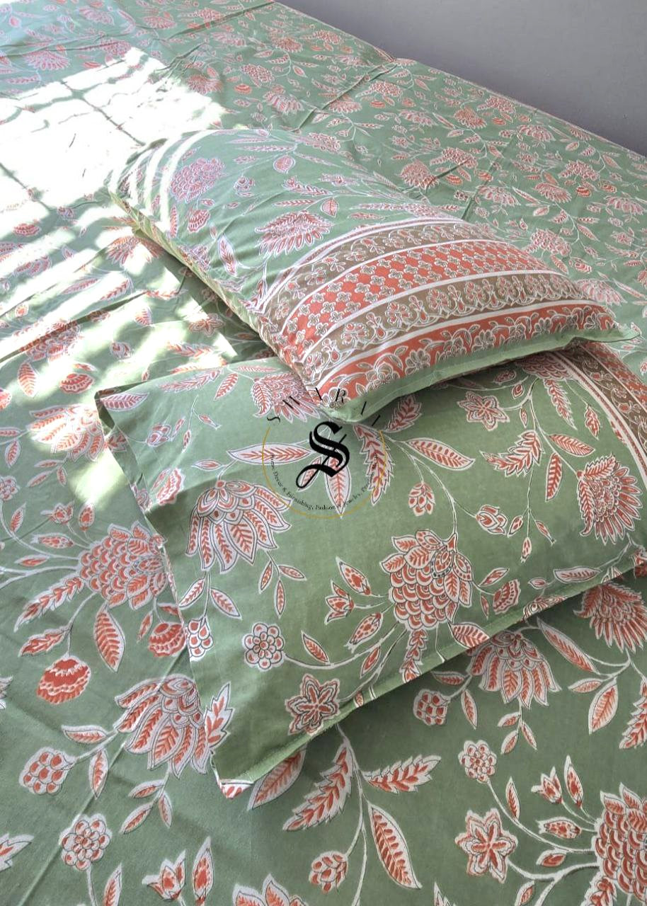 South Cotton thick fabric Jumbo King Size Bedsheet Set - 108 by 108 inch. Mint green floral print.