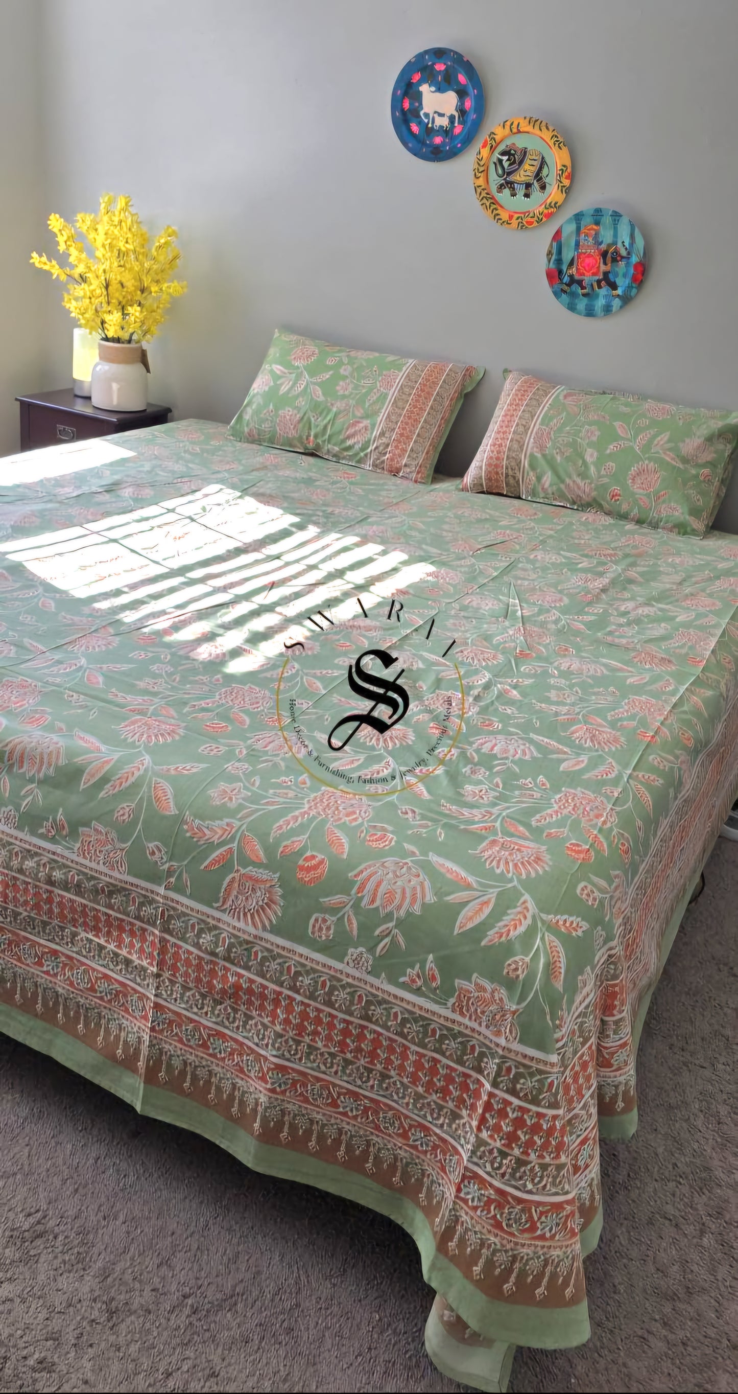 South Cotton thick fabric Jumbo King Size Bedsheet Set - 108 by 108 inch. Mint green floral print.