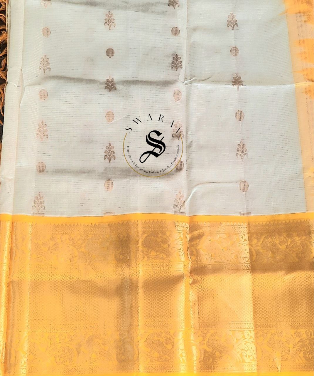 Kuppadam Semi Pattu Saree with stitched work Blouse - Gold and White