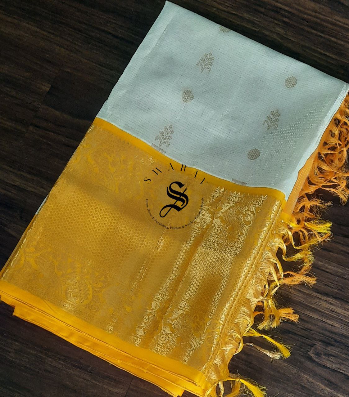 Kuppadam Semi Pattu Saree with stitched work Blouse - Gold and White