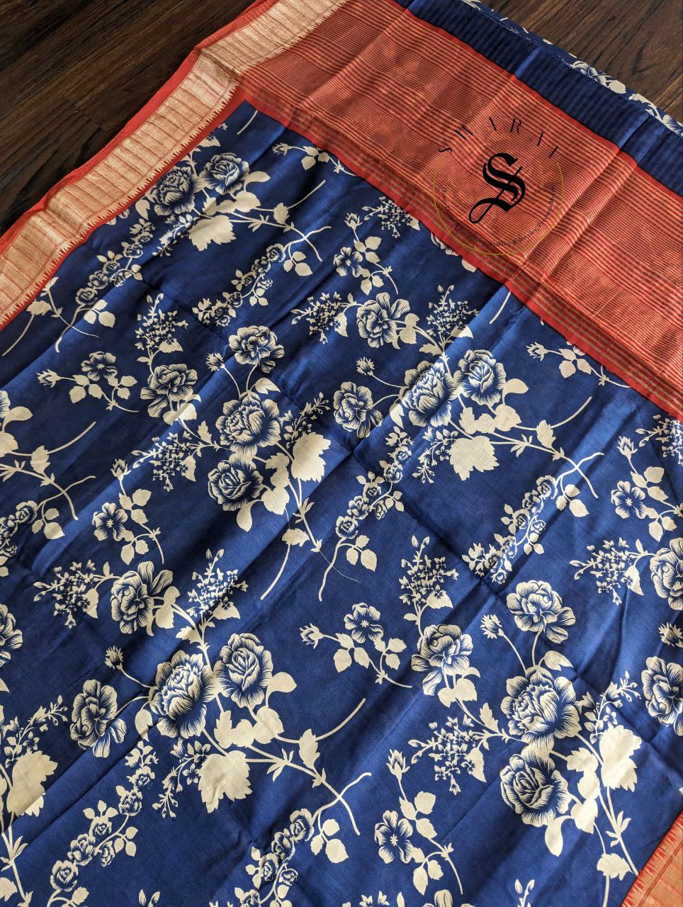 Dola Silk Saree with stitched work Blouse -Floral Navi Blue.