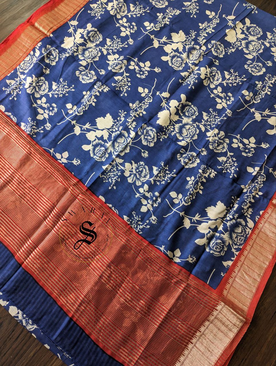 Dola Silk Saree with stitched work Blouse -Floral Navi Blue.