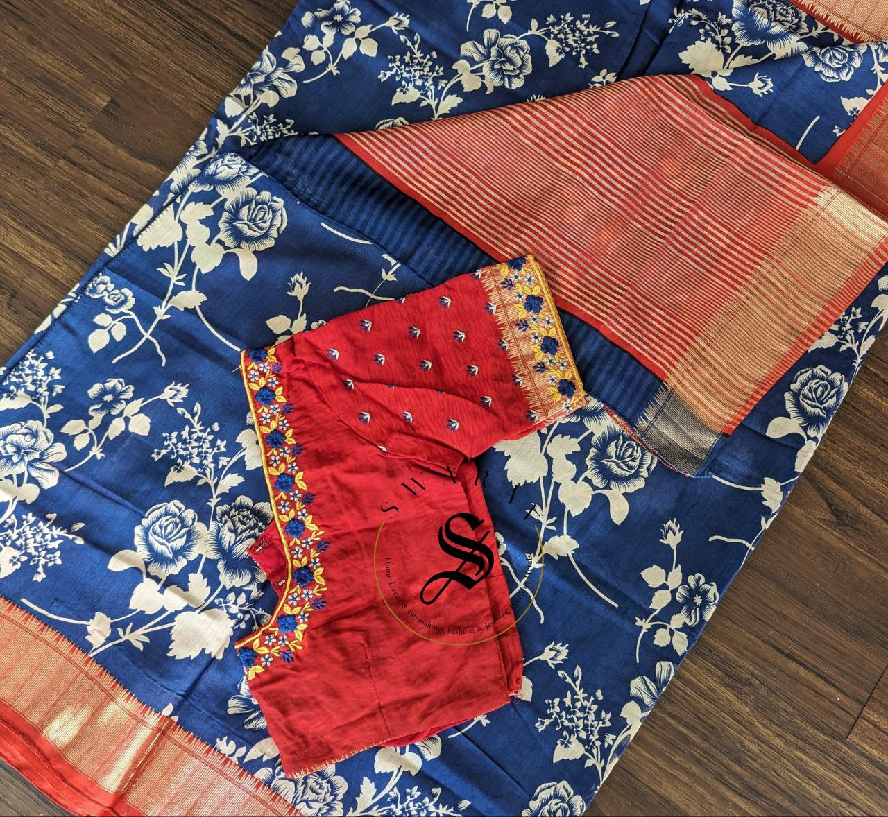 Dola Silk Saree with stitched work Blouse -Floral Navi Blue.