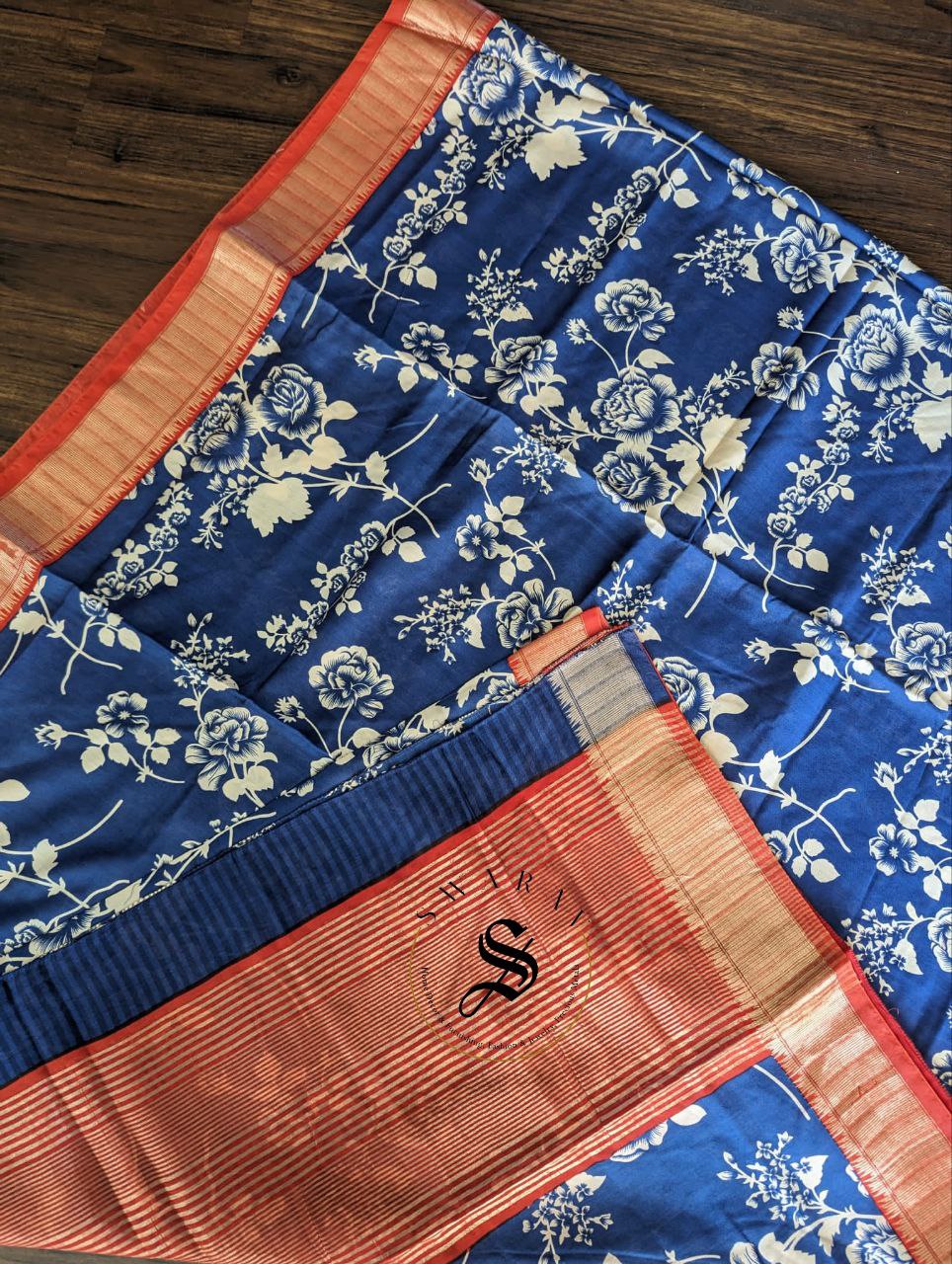 Dola Silk Saree with stitched work Blouse -Floral Navi Blue.