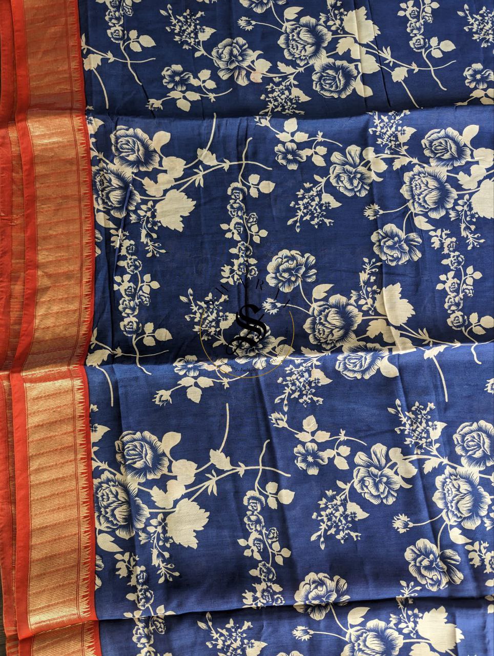 Dola Silk Saree with stitched work Blouse -Floral Navi Blue.