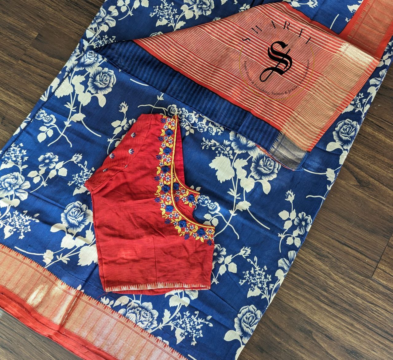 Dola Silk Saree with stitched work Blouse -Floral Navi Blue.