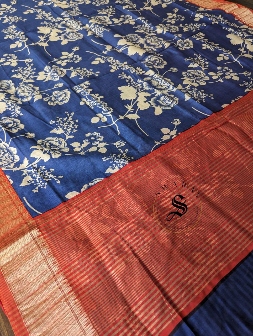 Dola Silk Saree with stitched work Blouse -Floral Navi Blue.