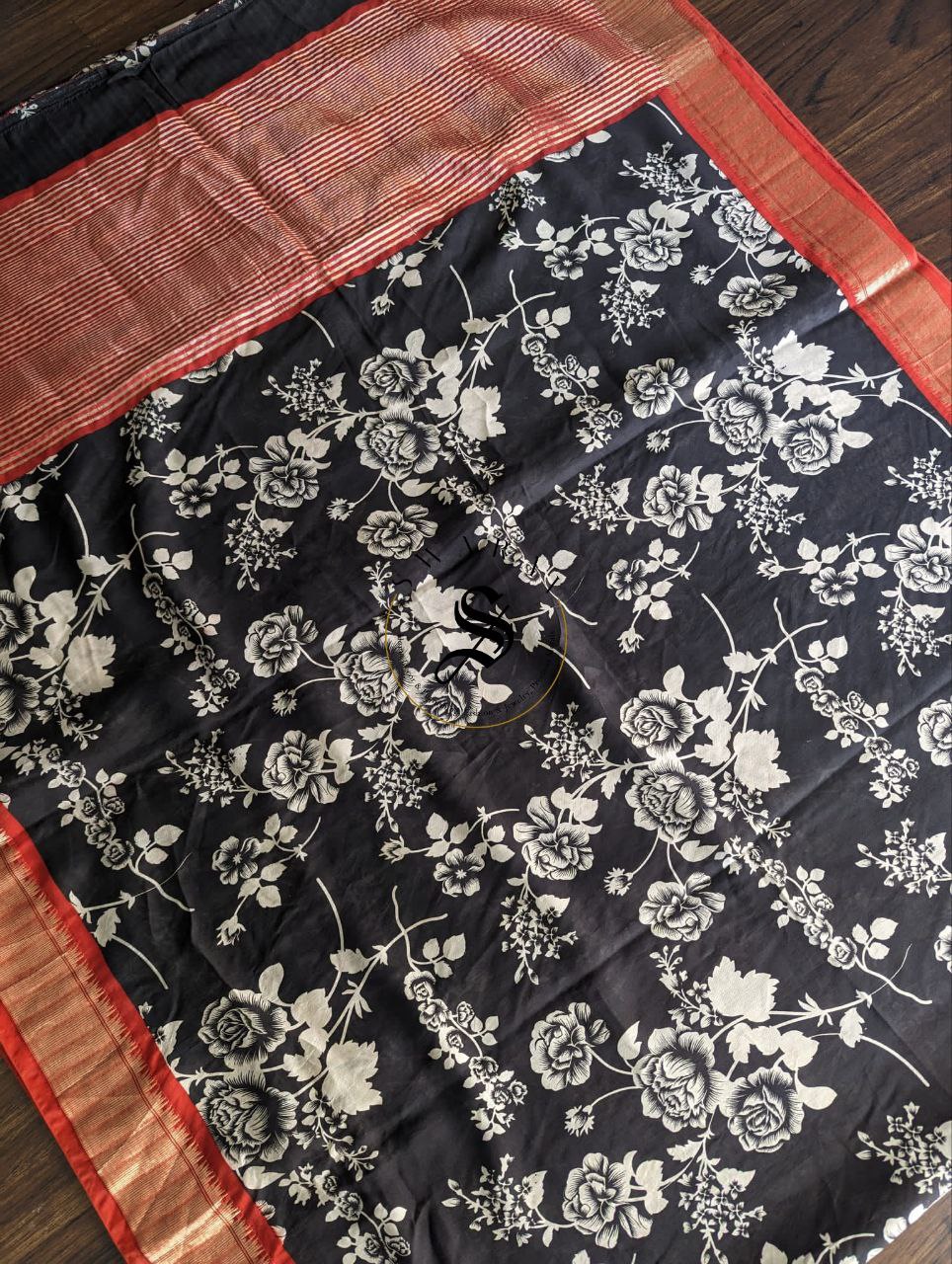 Dola Silk Saree with stitched work Blouse - Floral Black.