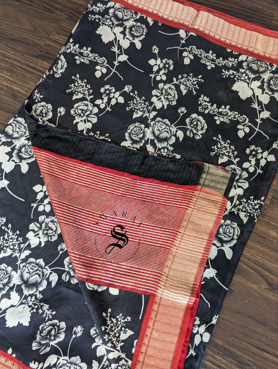 Dola Silk Saree with stitched work Blouse - Floral Black.