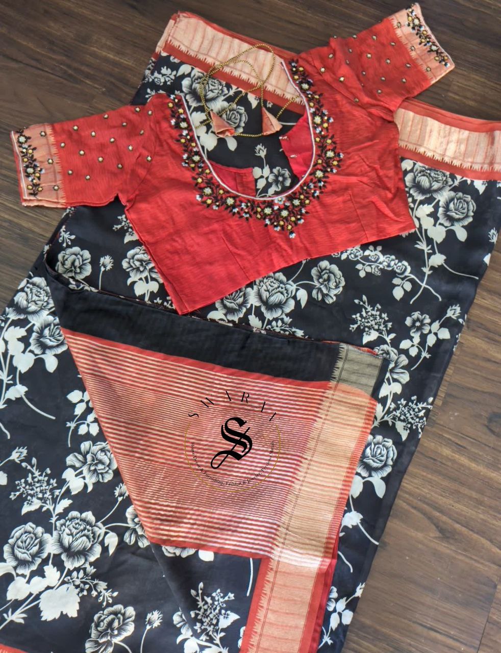 Dola Silk Saree with stitched work Blouse - Floral Black.