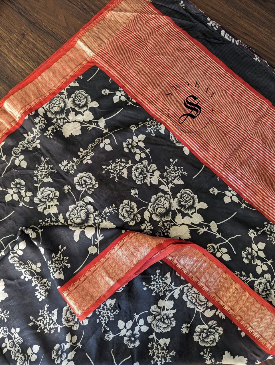 Dola Silk Saree with stitched work Blouse - Floral Black.