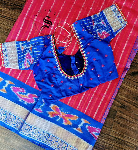 Chanderi SICO Saree with stitched work Blouse - Cherry Red.