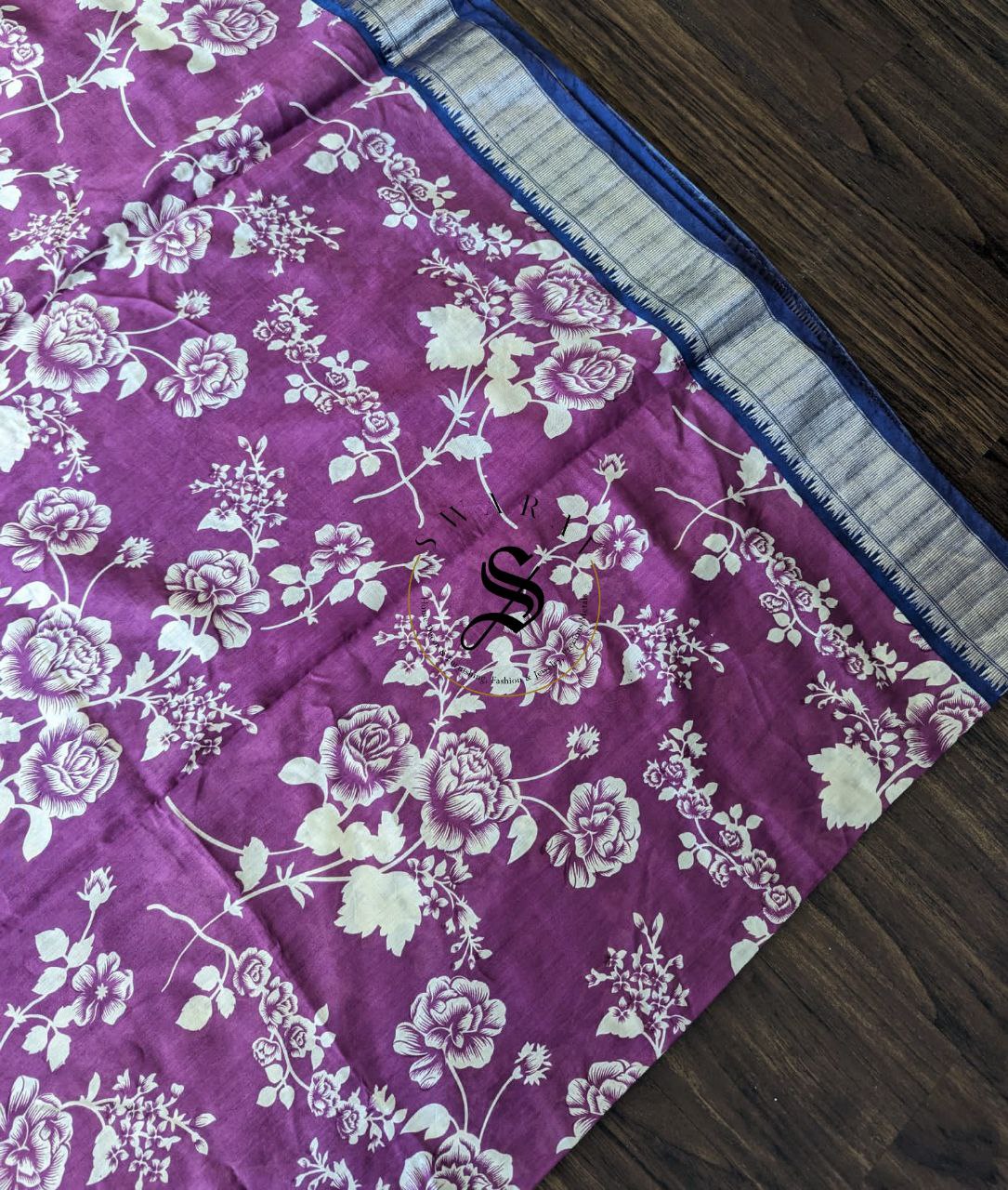 Dola Silk Saree with stitched work Blouse - Floral Purple