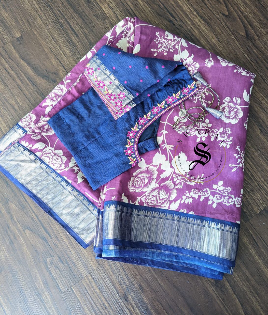 Dola Silk Saree with stitched work Blouse - Floral Purple