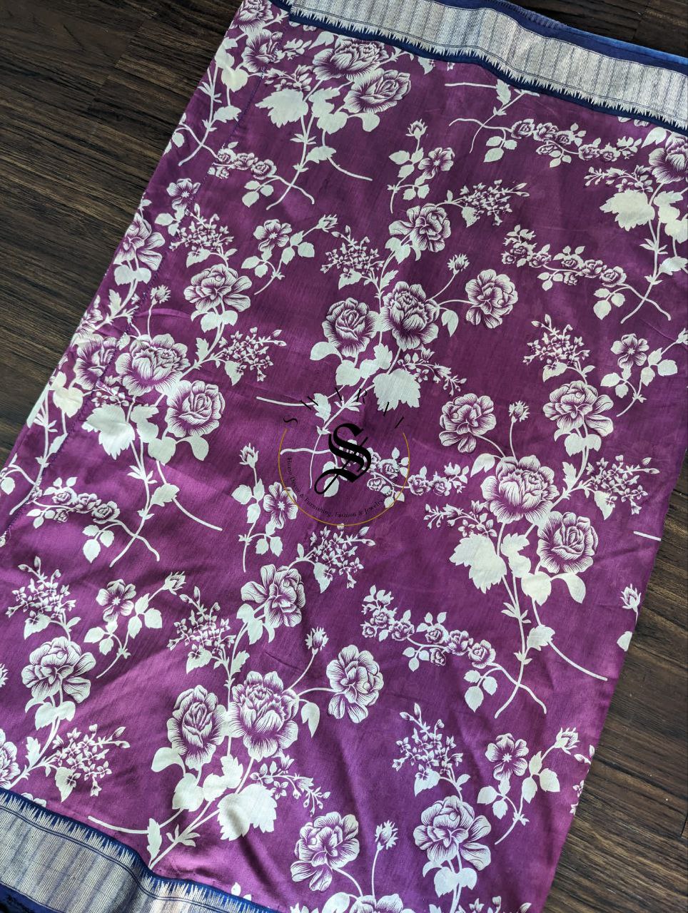 Dola Silk Saree with stitched work Blouse - Floral Purple