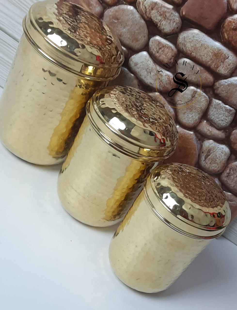 Pure Brass Hand Hammered Storage Container/ Canister/ Dibbas. Set of 3 ( With Tin coating inside)