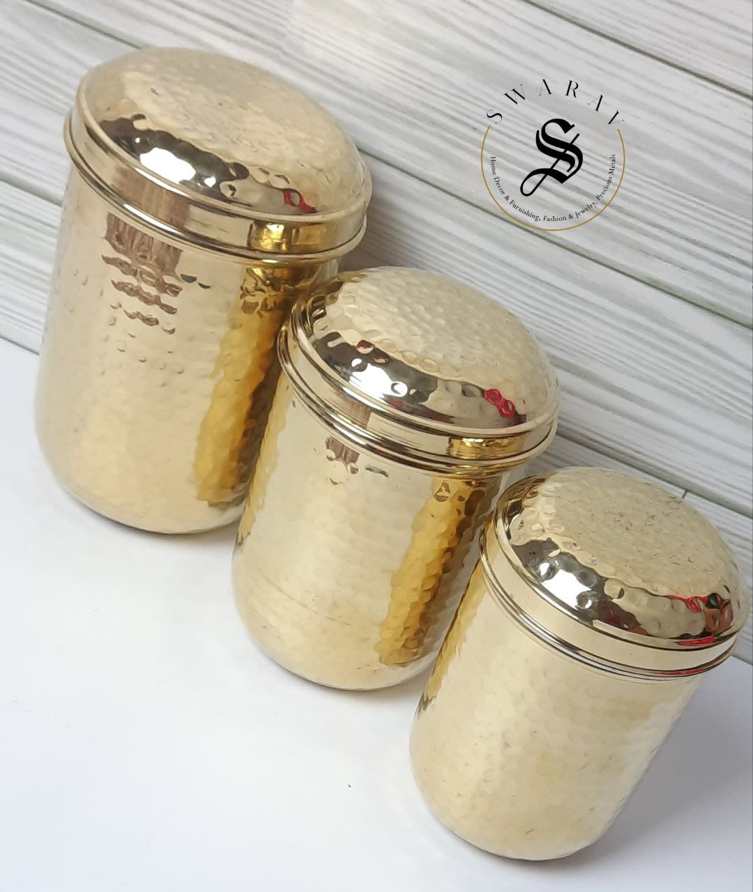 Pure Brass Hand Hammered Storage Container/ Canister/ Dibbas. Set of 3 ( With Tin coating inside)