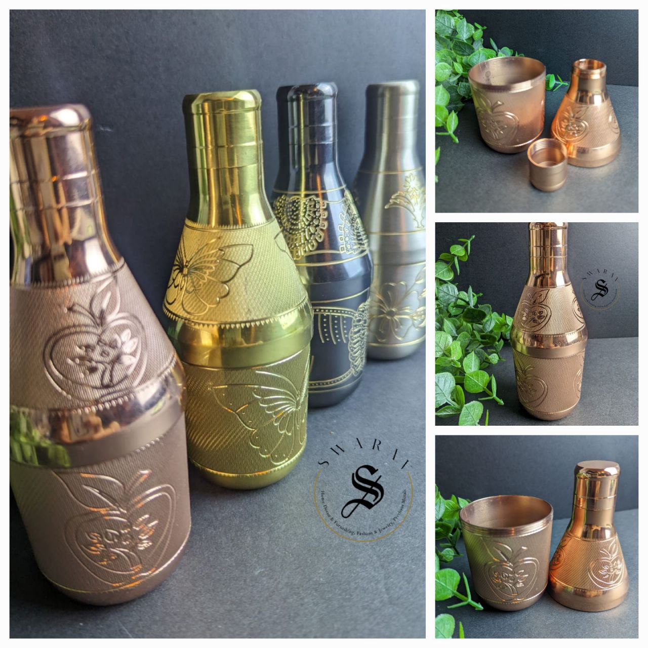 Pure Brass designer multi utility Mini bottles with beautiful hand engraving. (Set of 4 )Size : 6 inch