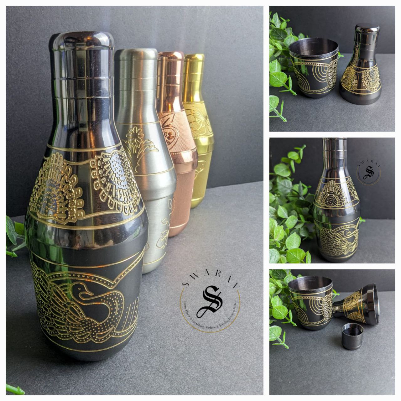 Pure Brass designer multi utility Mini bottles with beautiful hand engraving. (Set of 4 )Size : 6 inch