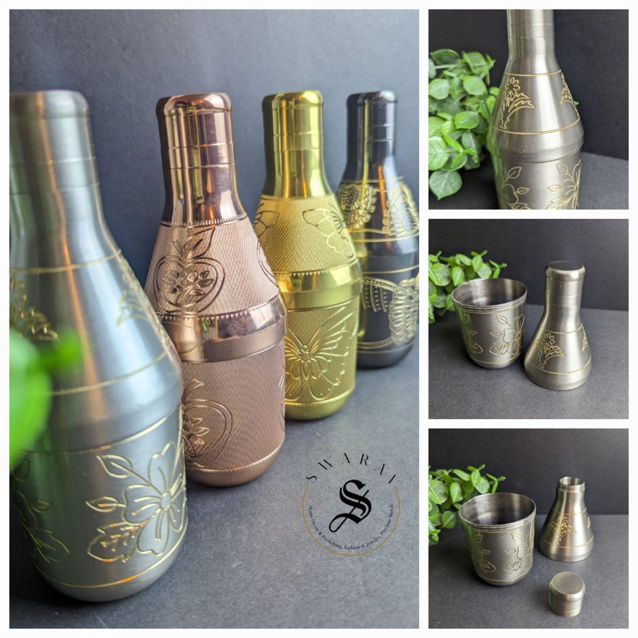 Pure Brass designer multi utility Mini bottles with beautiful hand engraving. (Set of 4 )Size : 6 inch