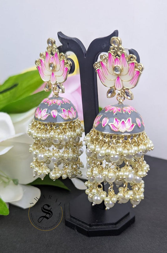 Lotus Jhumkas - Hand painted. Color - Gray