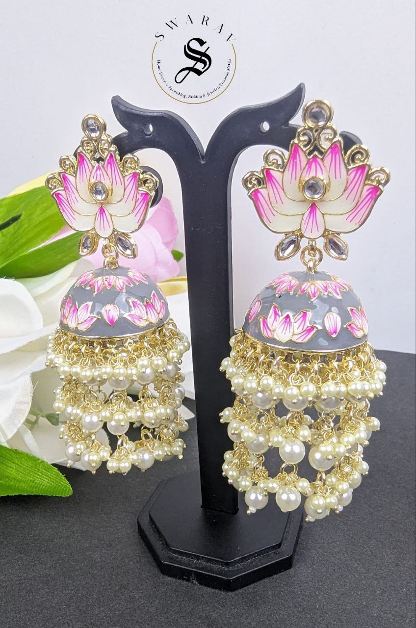 Lotus Jhumkas - Hand painted. Color - Gray