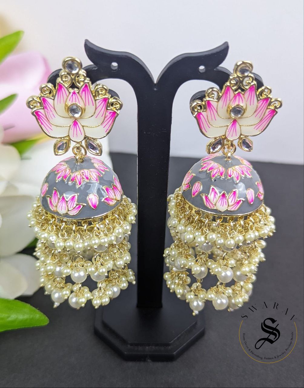 Lotus Jhumkas - Hand painted. Color - Gray