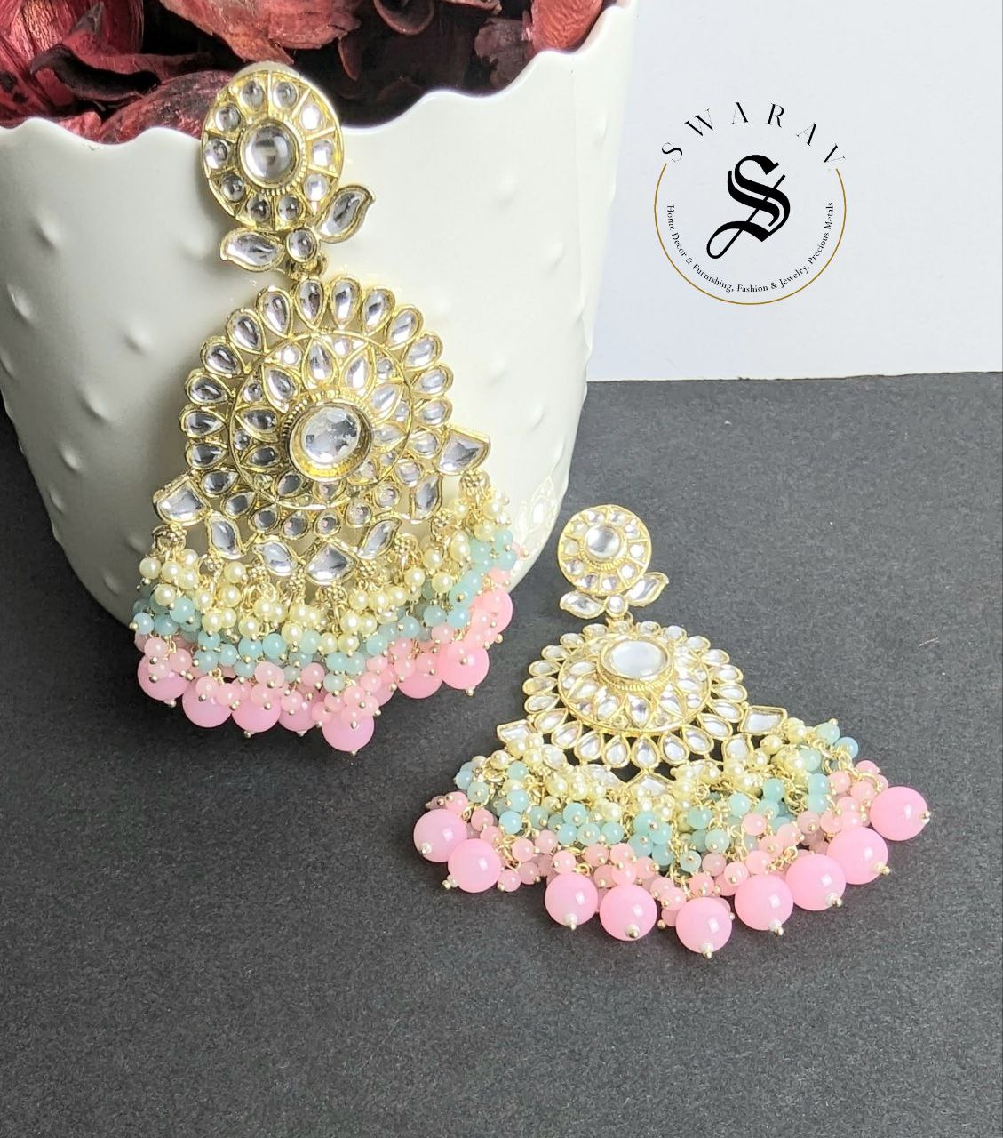 Kundan and Beads Danglers - Baby Pink