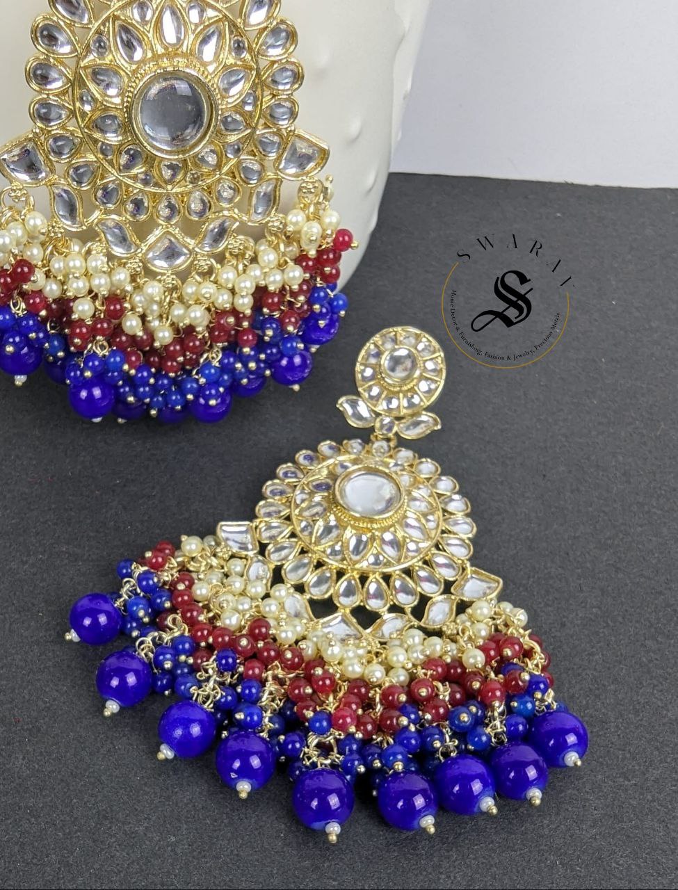 Kundan and Beads Danglers - Blue.