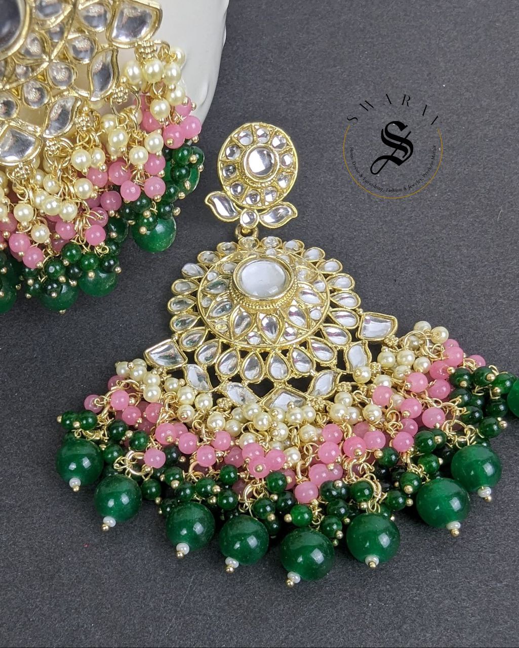 Kundan and Beads Danglers - Green.