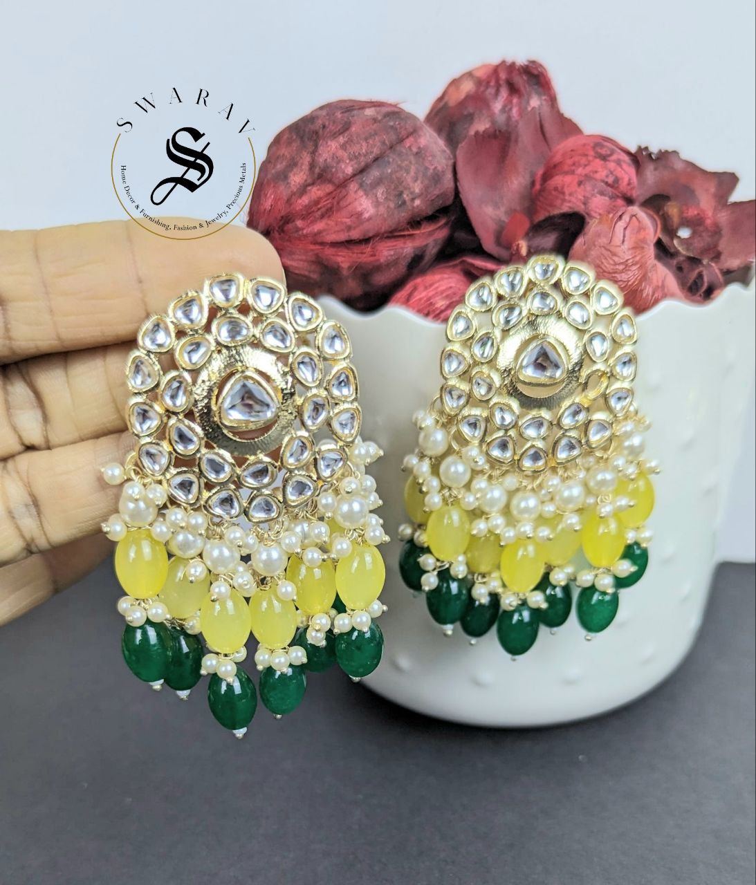 Kundan and Glass Beads Earrings Lemon Yellow & Green.