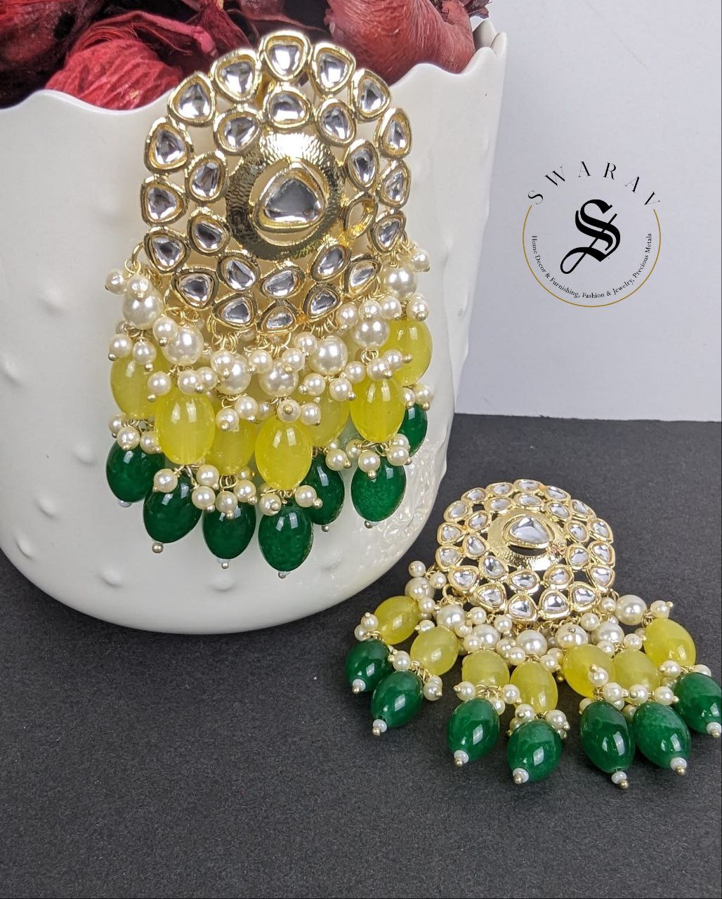 Kundan and Glass Beads Earrings Lemon Yellow & Green.