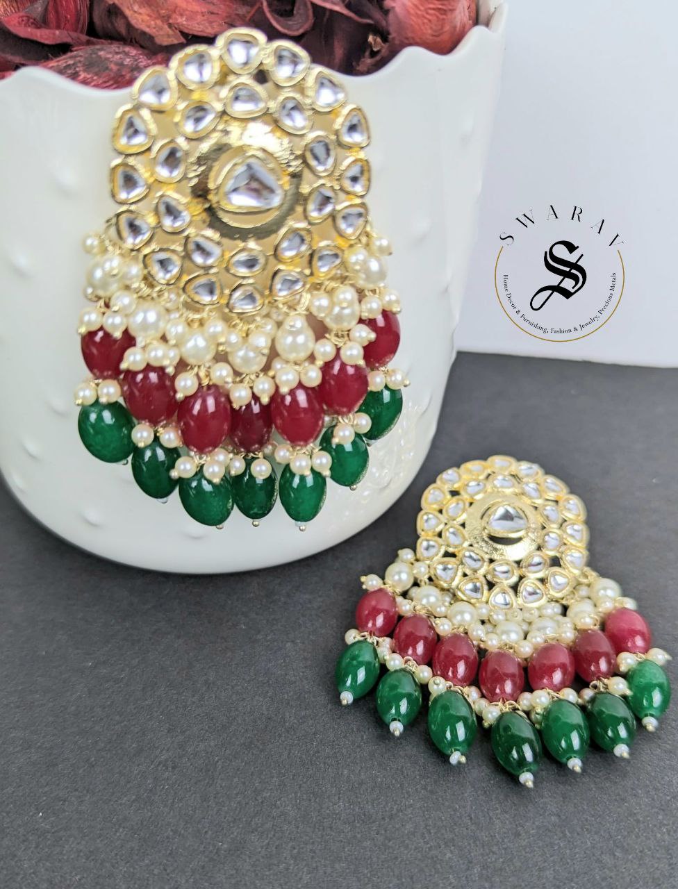 Kundan and Glass Beads Earrings - Marron & Green.