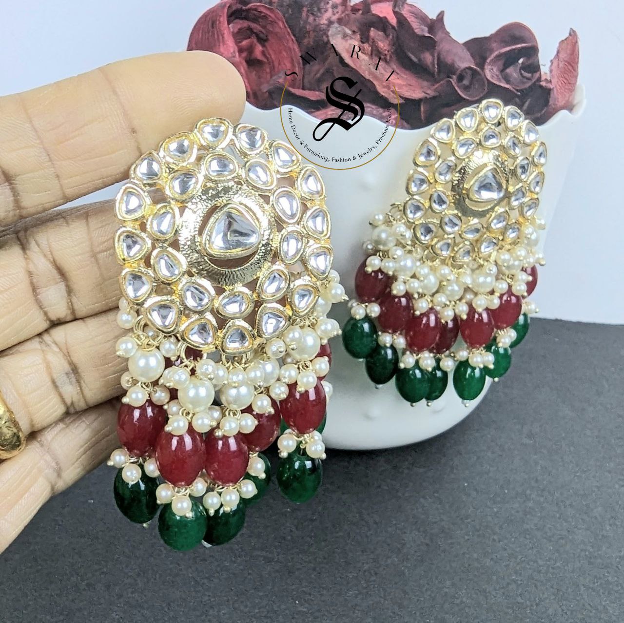 Kundan and Glass Beads Earrings - Marron & Green.