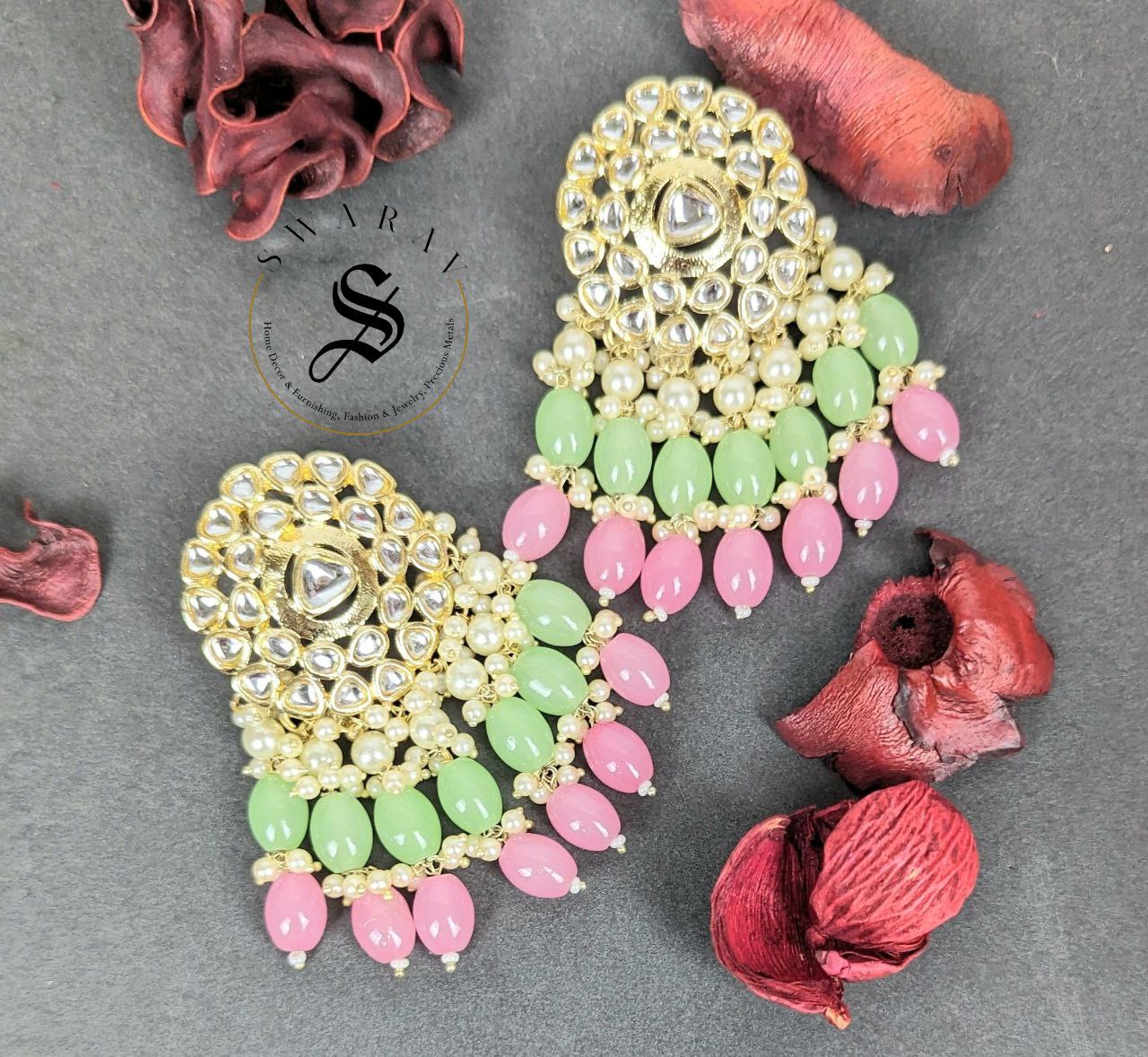 Kundan and Glass Beads Earrings - Mint & Pink