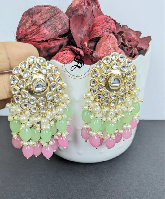 Kundan and Glass Beads Earrings - Mint & Pink