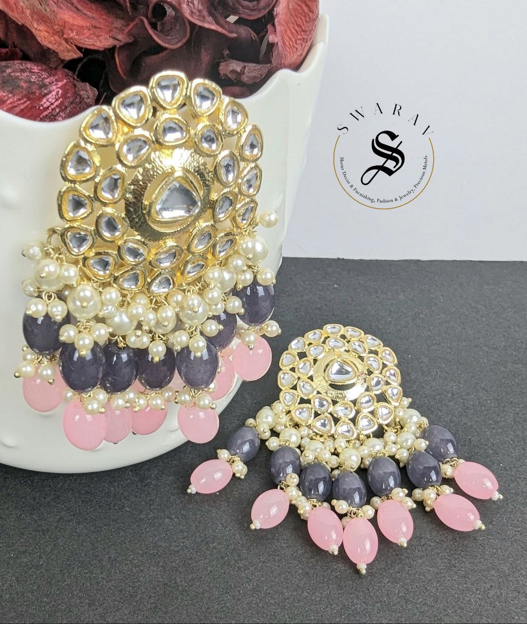 Kundan and Glass Beads Earrings - Greyish Black & Pink