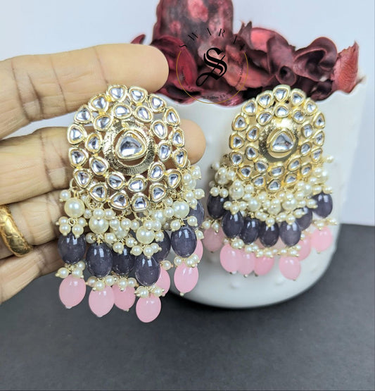 Kundan and Glass Beads Earrings - Greyish Black & Pink